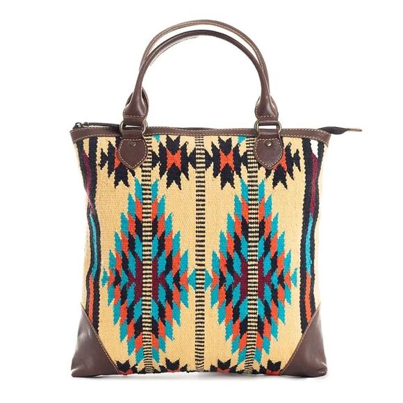 Myra Bag Handmade Chulo Tote Bag Upcycled Canvas & Cowhide Leather - Picture 2 of 12